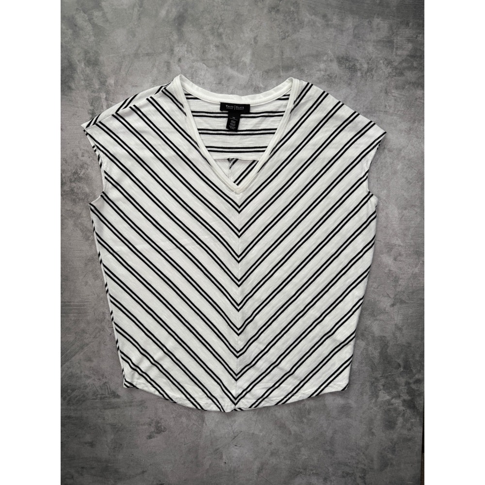 White House Black Market Chevron Stripe Tee V-Neck Slub Knit White Black XS